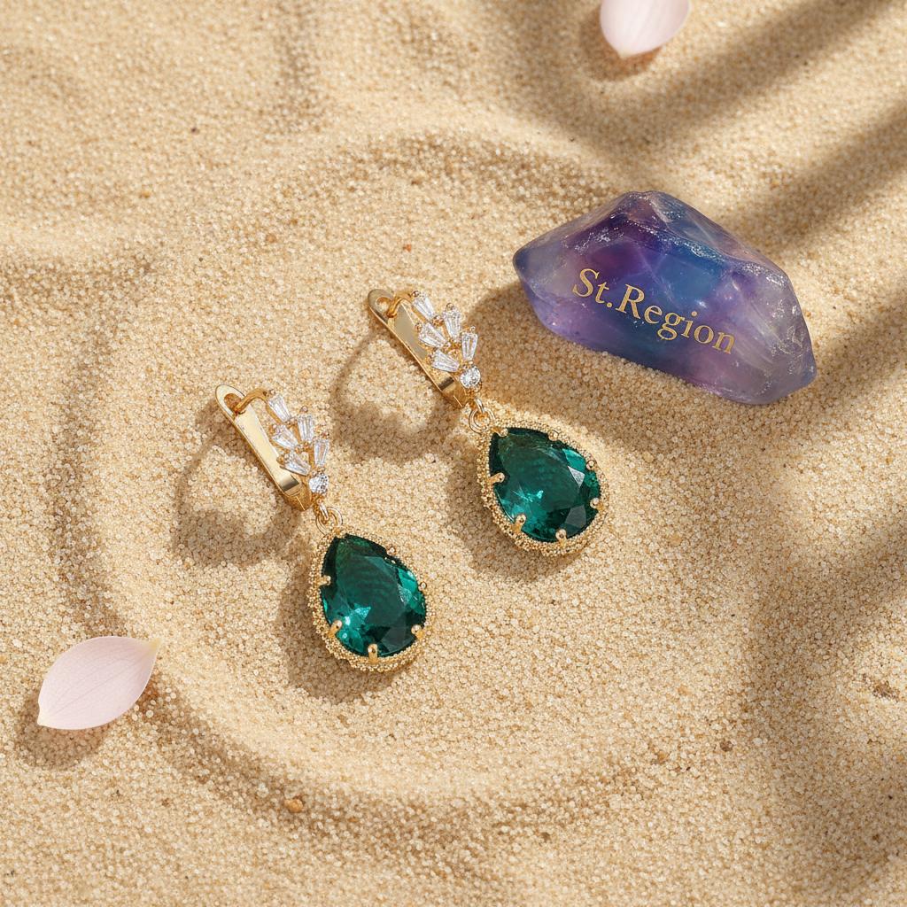 Green Crystal and Cubic Zirconia Drop Huggie Earring, huggie earrings, elegant gift for her, detail close-up