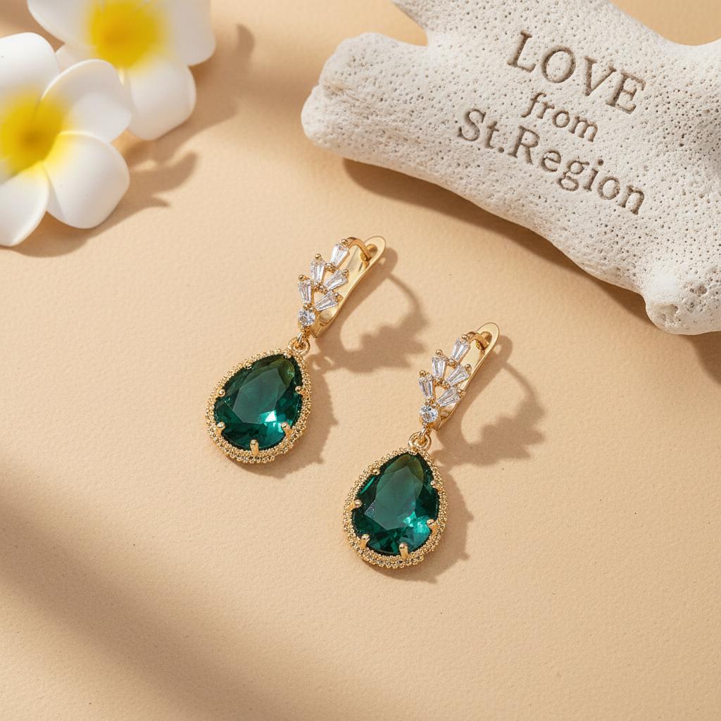 Green Crystal and Cubic Zirconia Drop Huggie Earring, huggie earrings, elegant gift for her, lifestyle look