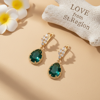 Green Crystal & Cubic Zirconia Drop Huggie Earring - Street Region
