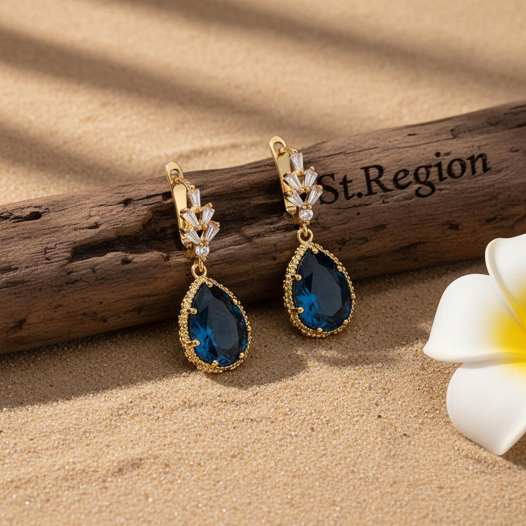 Blue Crystal and Cubic Zirconia Drop Huggie Earring, huggie earrings, vintage-inspired design, front view