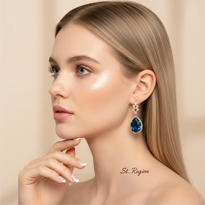 Blue Crystal and Cubic Zirconia Drop Huggie Earring, huggie earrings, vintage-inspired design, styled look