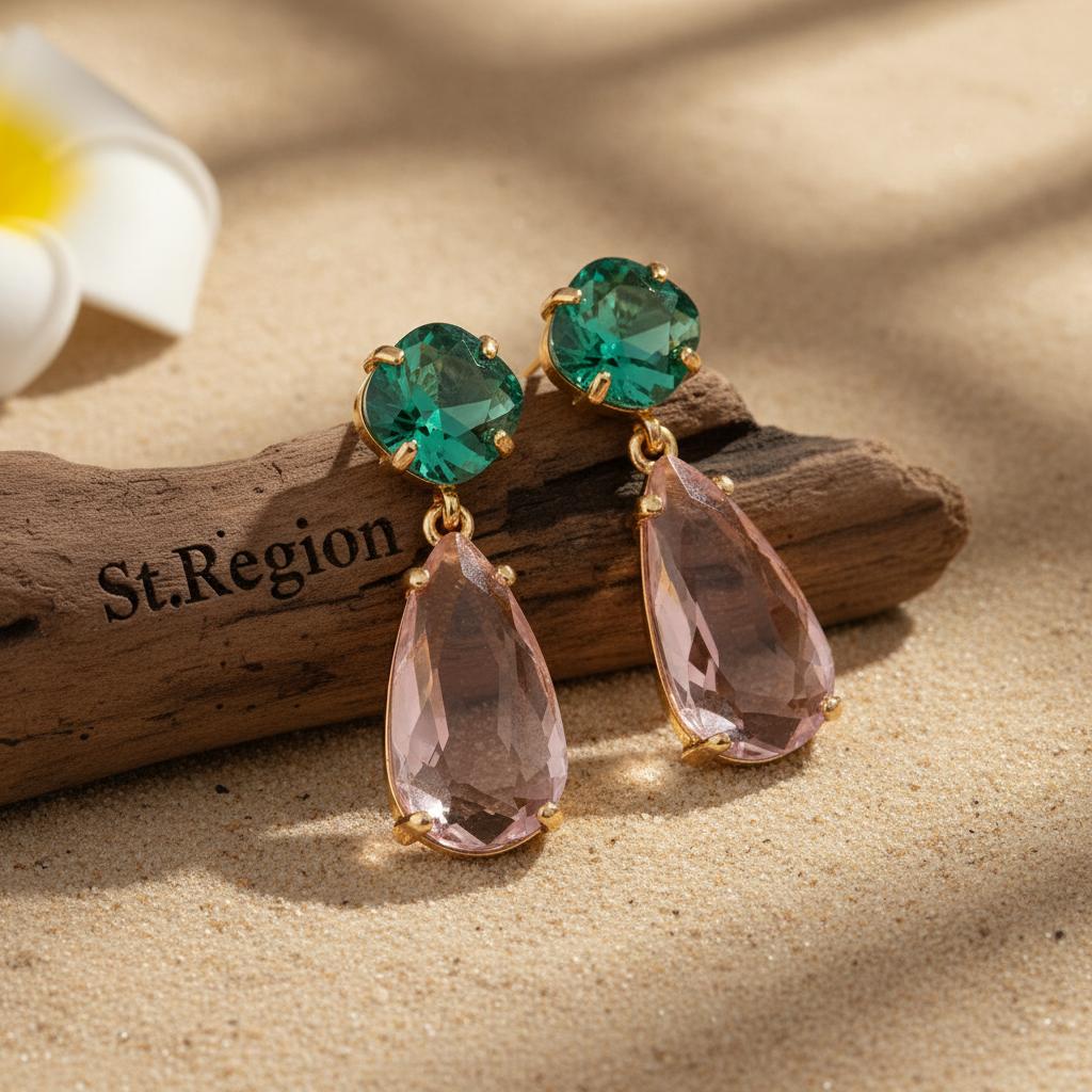 Green and Pink Crystal Goldtone Cushion Drop Earrings, gold drop earrings for women, botanical inspired, front view