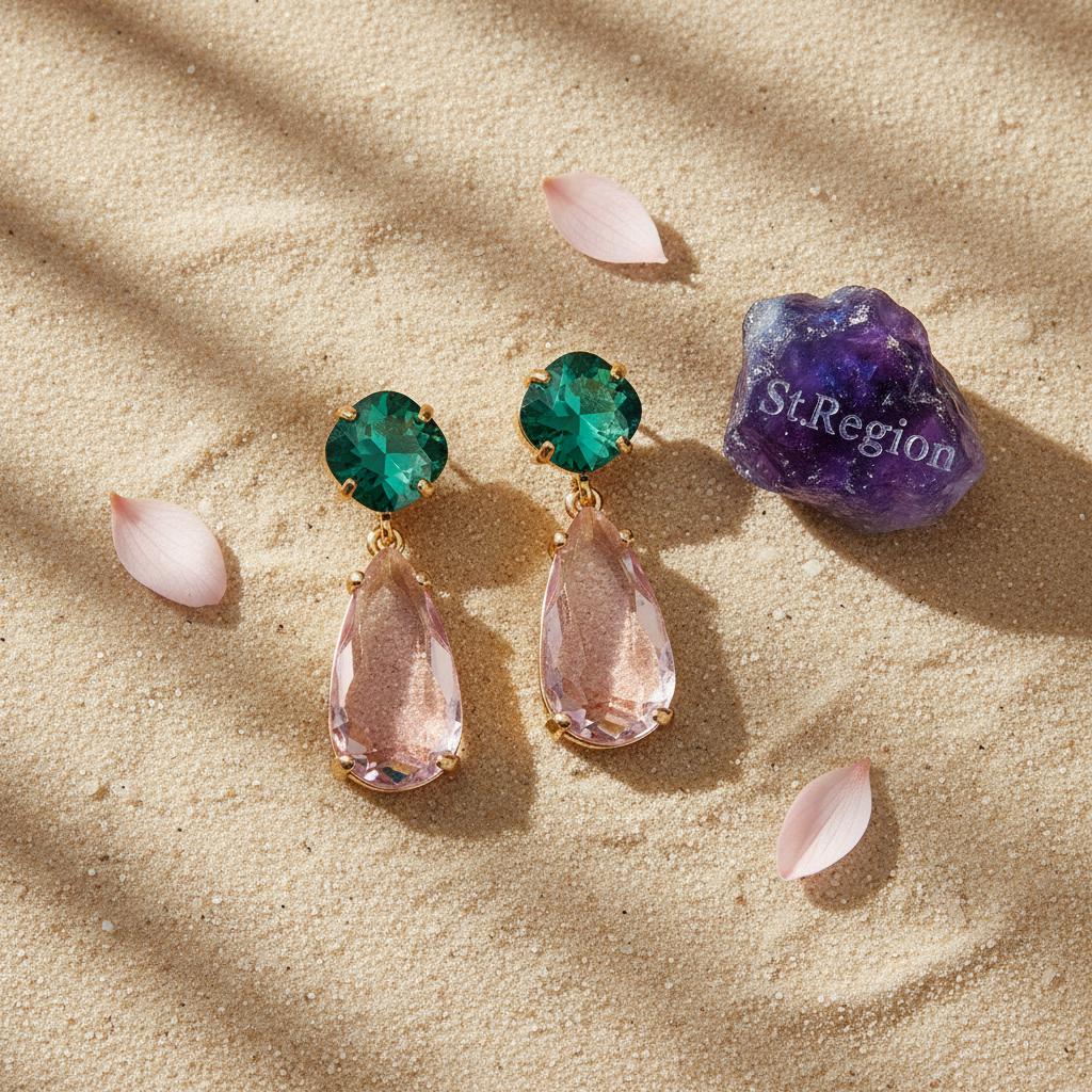 Green and Pink Crystal Goldtone Cushion Drop Earrings, gold drop earrings for women, botanical inspired, detail close-up
