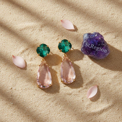 Green and Pink Crystal Goldtone Cushion Drop Earrings, gold drop earrings for women, botanical inspired, detail close-up