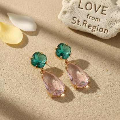 Green and Pink Crystal Goldtone Cushion Drop Earrings, gold drop earrings for women, botanical inspired, lifestyle look