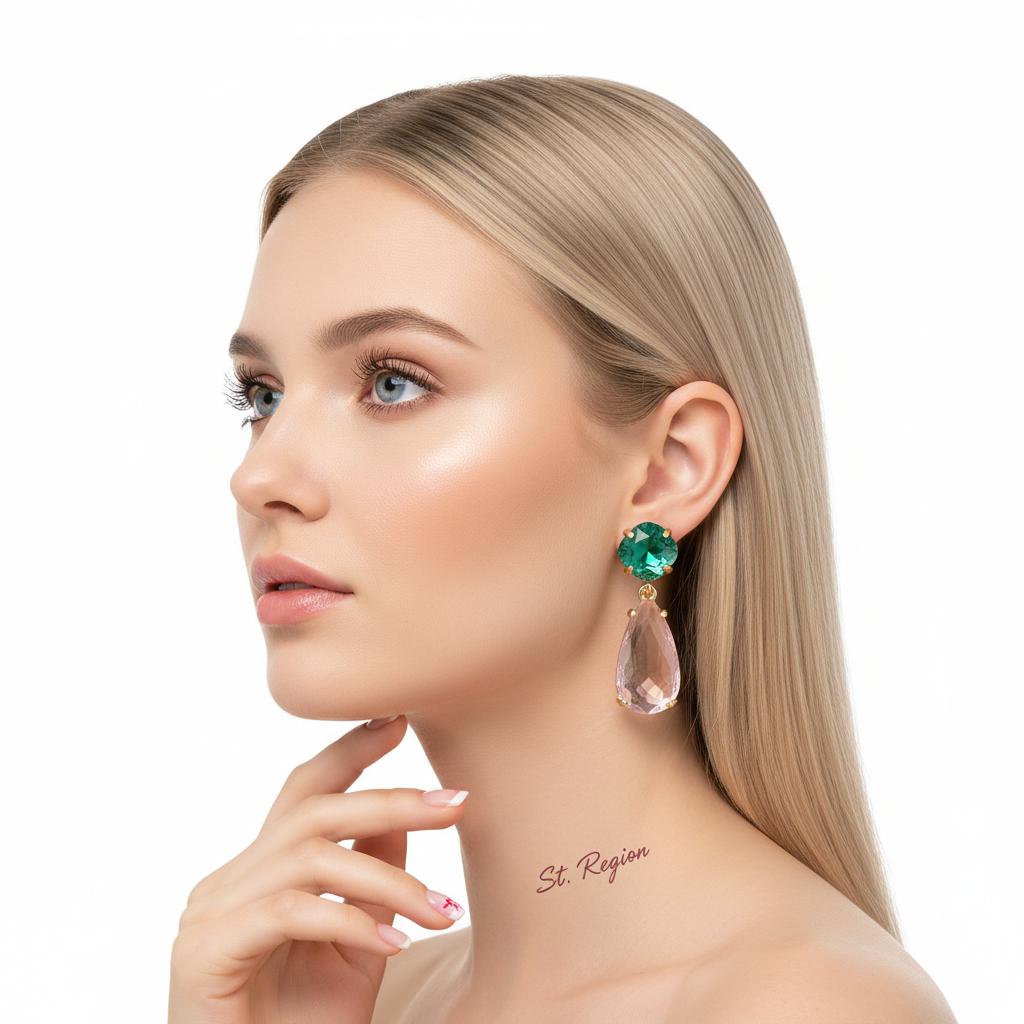 Green and Pink Crystal Goldtone Cushion Drop Earrings, gold drop earrings for women, botanical inspired, styled look