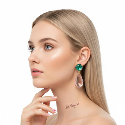 Green and Pink Crystal Goldtone Cushion Drop Earrings, gold drop earrings for women, botanical inspired, styled look