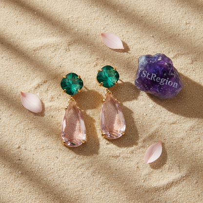 Green & Pink Crystal Goldtone Cushion Drop Earrings - Street Region