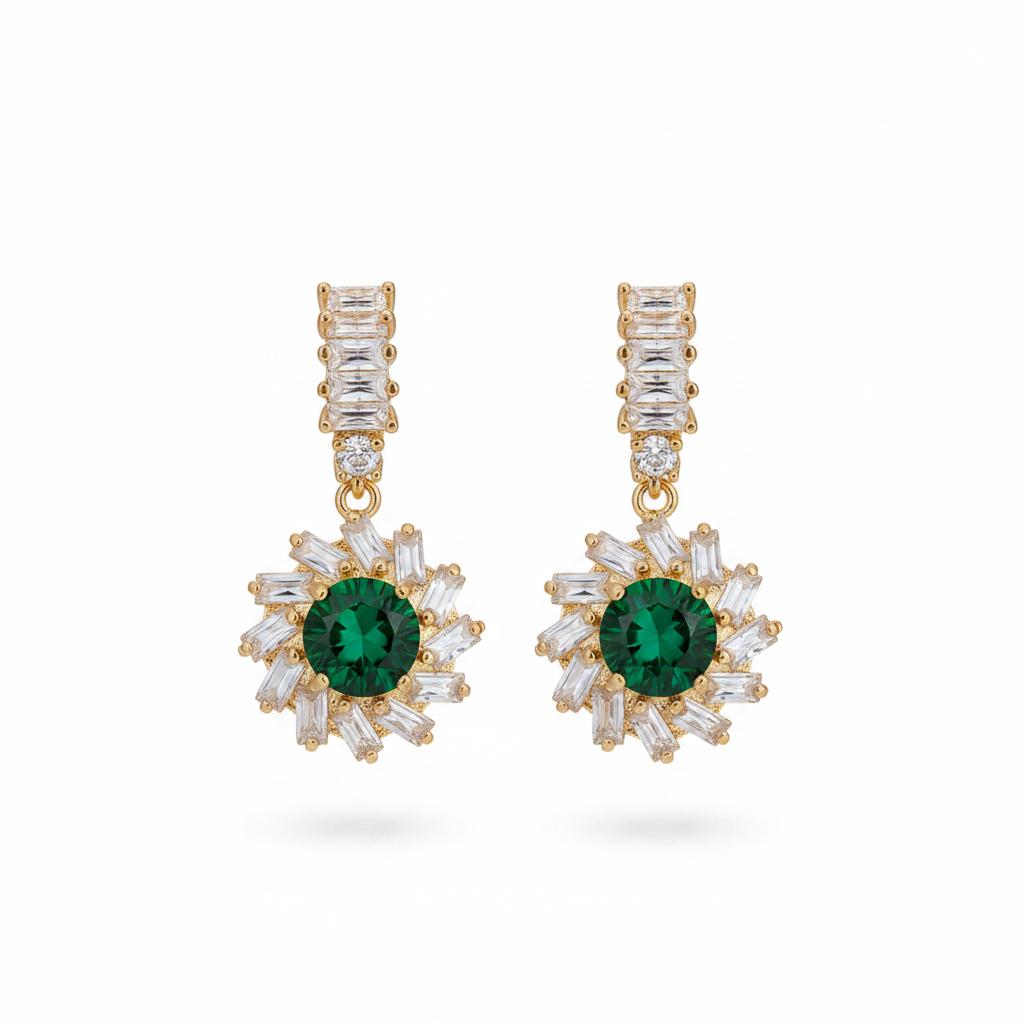 Green Crystal and Cubic Zirconia Goldtone Flower Dangle Earrings, gold drop earrings for women, side view