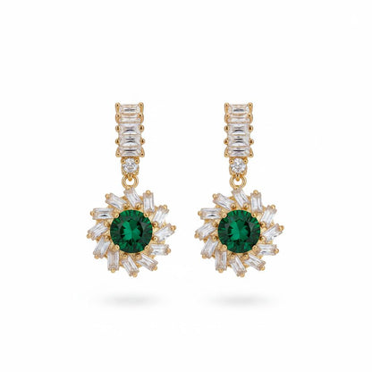 Green Crystal and Cubic Zirconia Goldtone Flower Dangle Earrings, gold drop earrings for women, side view