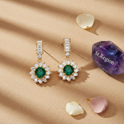 Green Crystal and Cubic Zirconia Goldtone Flower Dangle Earrings, gold drop earrings for women, detail close-up