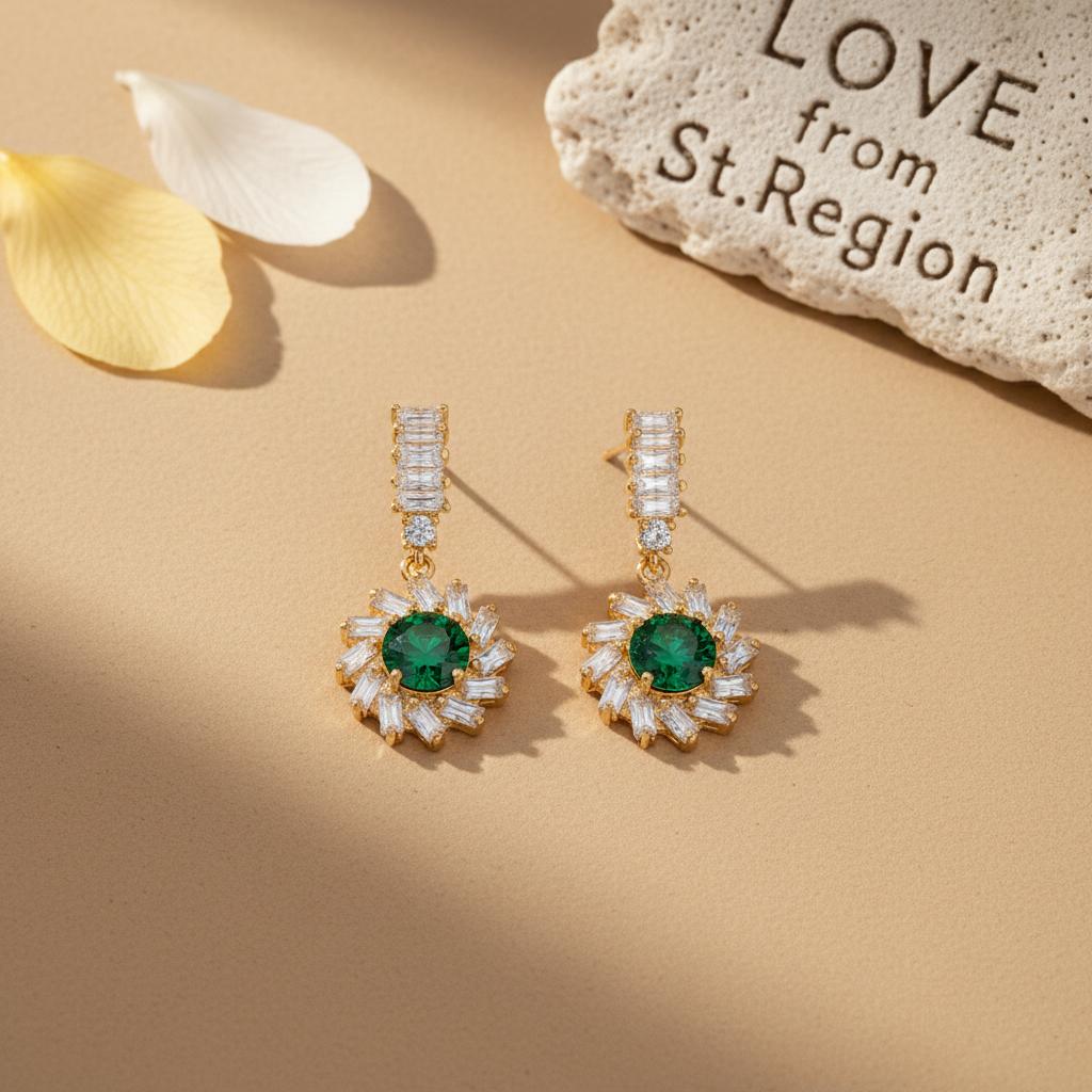 Green Crystal and Cubic Zirconia Goldtone Flower Dangle Earrings, gold drop earrings for women, lifestyle look