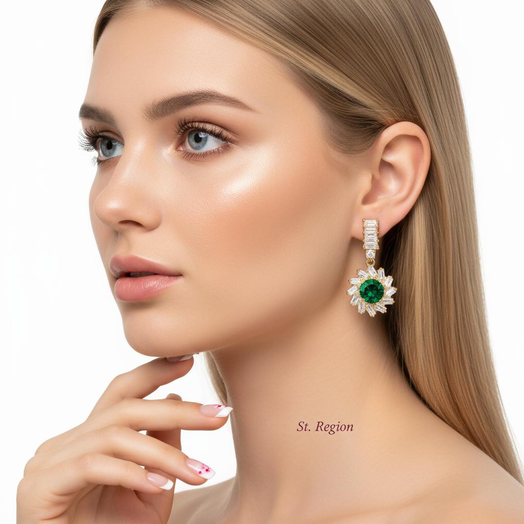 Green Crystal and Cubic Zirconia Goldtone Flower Dangle Earrings, gold drop earrings for women, styled look