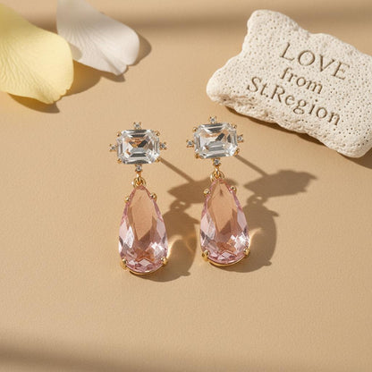 Pink Crystal and Cubic Zirconia Goldtone Rectangle Drop Earrings, gold drop earrings for women, lifestyle look