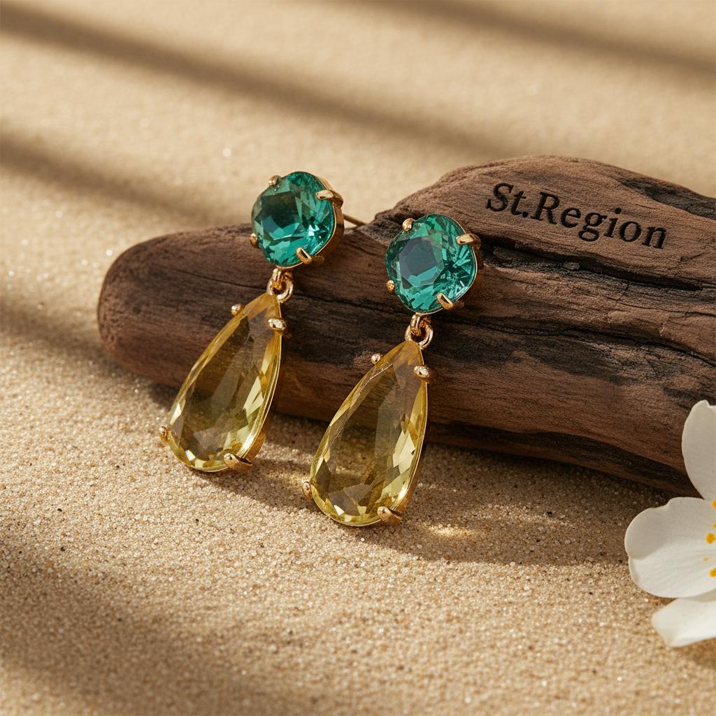 Green and Yellow Crystal Goldtone Cushion Drop Earrings, gold drop earrings for women, dainty minimalist design, front view
