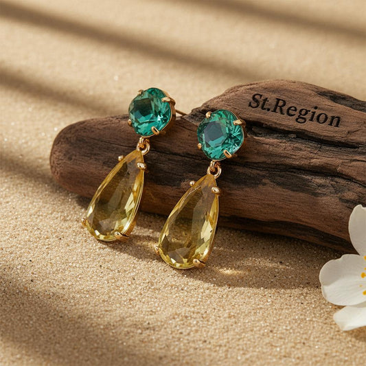 Green & Yellow Crystal Goldtone Cushion Drop Earrings