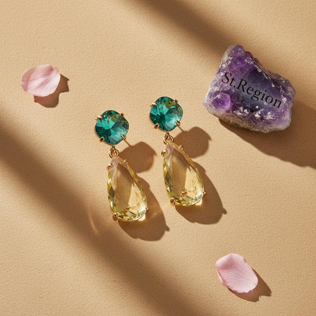 Green and Yellow Crystal Goldtone Cushion Drop Earrings, gold drop earrings for women, detail close-up