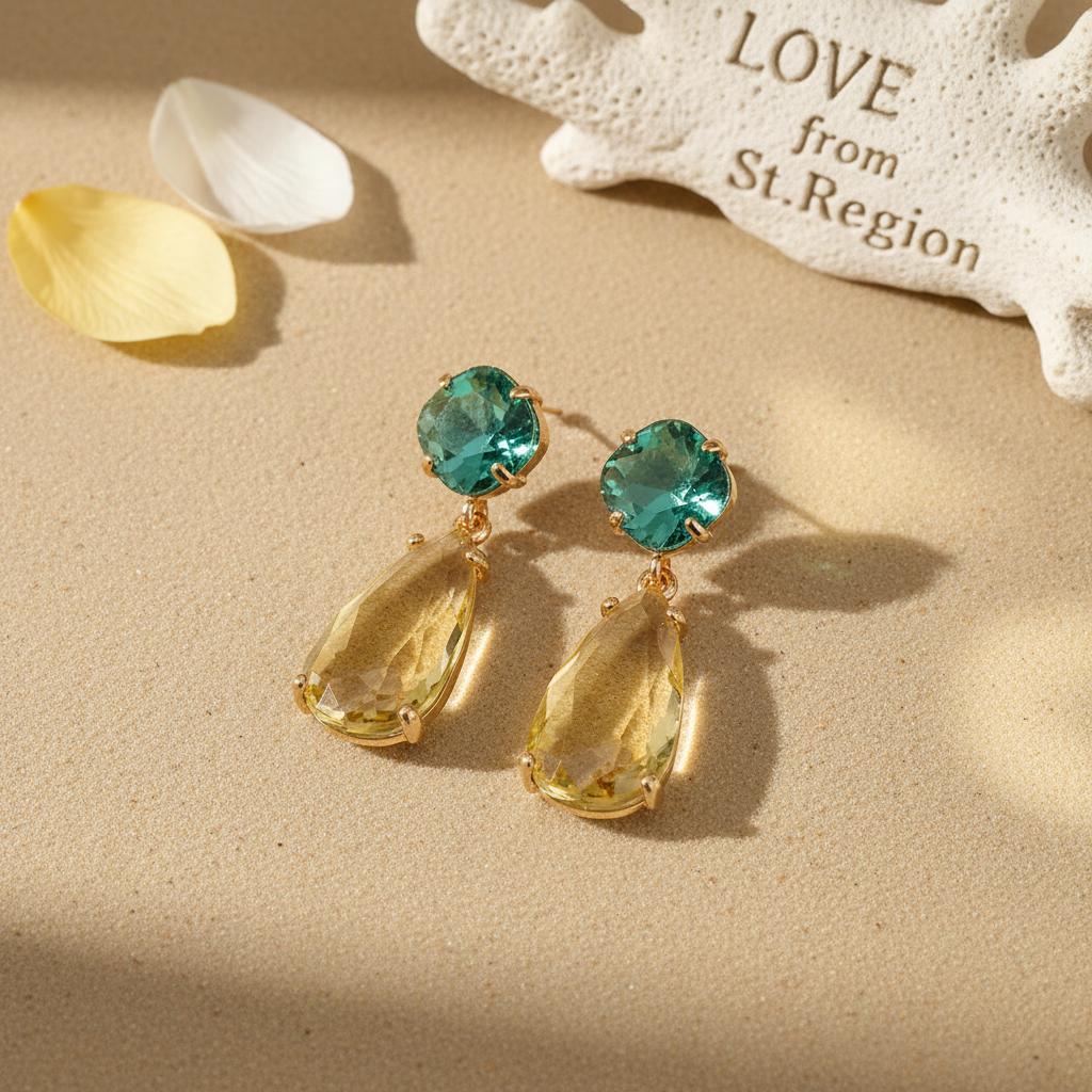 Green and Yellow Crystal Goldtone Cushion Drop Earrings, gold drop earrings for women, lifestyle look