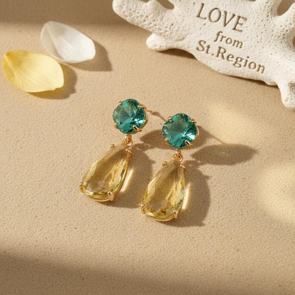 Green and Yellow Crystal Goldtone Cushion Drop Earrings, gold drop earrings for women, lifestyle look