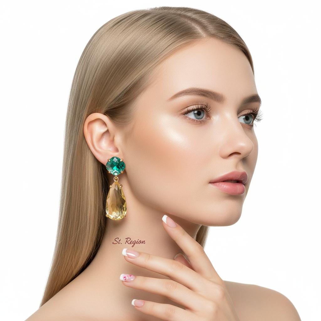 Green and Yellow Crystal Goldtone Cushion Drop Earrings, gold drop earrings for women, dainty minimalist design, styled look