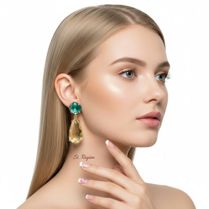 Green and Yellow Crystal Goldtone Cushion Drop Earrings, gold drop earrings for women, dainty minimalist design, styled look