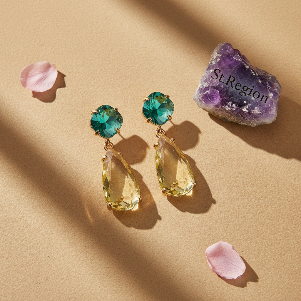 Green & Yellow Crystal Goldtone Cushion Drop Earrings - Street Region