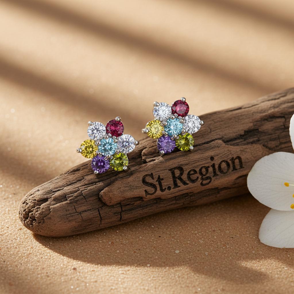 Multi-Colored Crystal and Silvertone Flower Stud Earrings, cubic zirconia stud earrings for women, front view