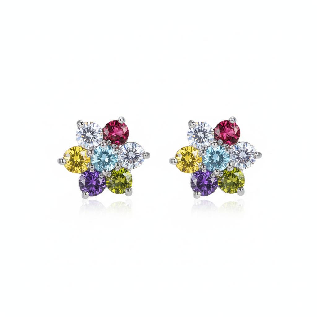 Multi-Colored Crystal and Silvertone Flower Stud Earrings, cubic zirconia stud earrings for women, side view