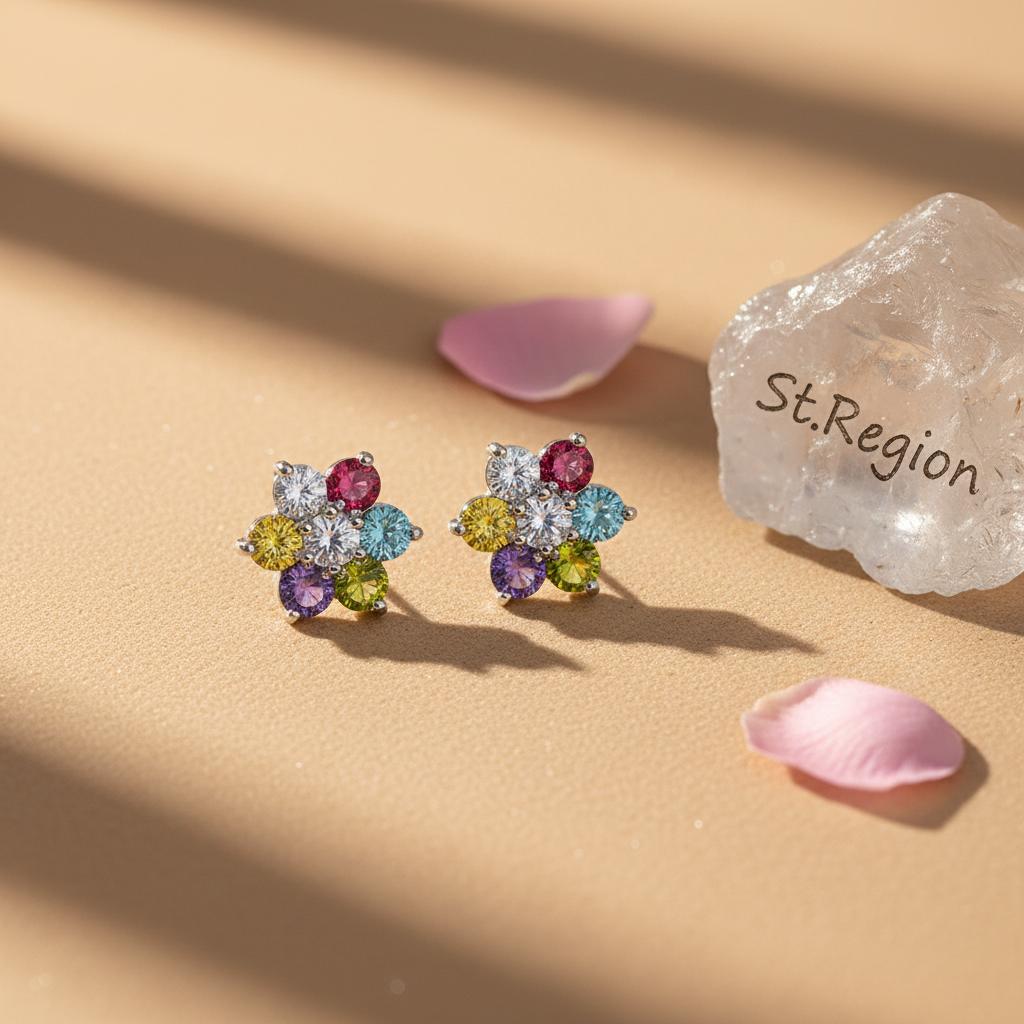 Multi-Colored Crystal and Silvertone Flower Stud Earrings, cubic zirconia stud earrings for women, detail close-up