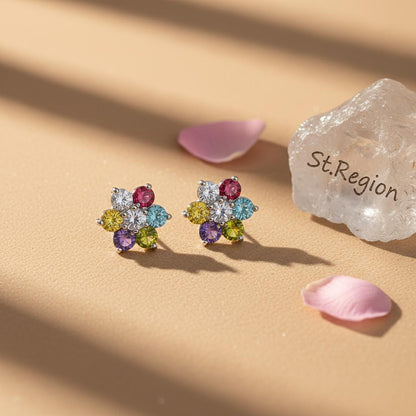 Multi-Colored Crystal and Silvertone Flower Stud Earrings, cubic zirconia stud earrings for women, detail close-up