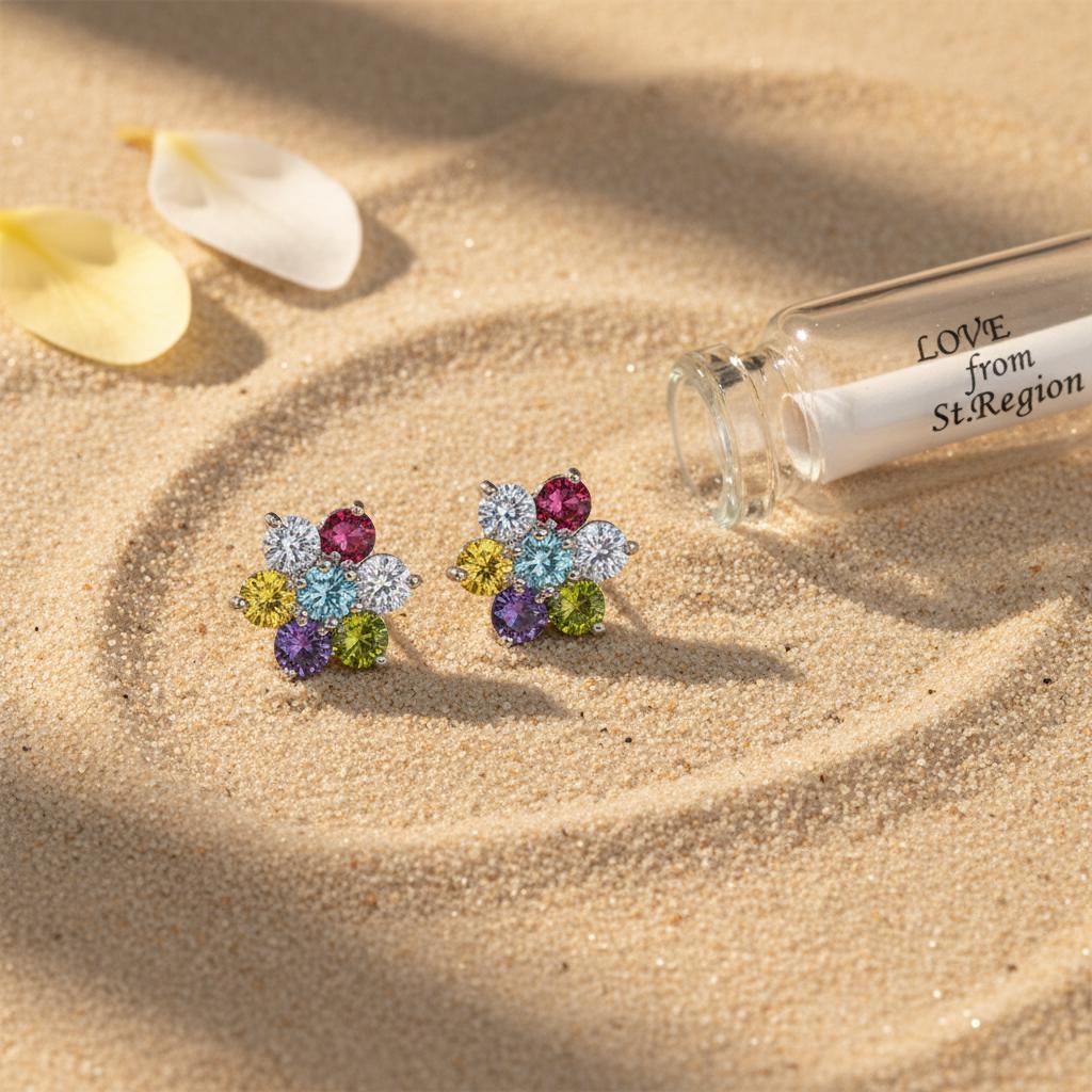 Multi-Colored Crystal and Silvertone Flower Stud Earrings, cubic zirconia stud earrings for women, lifestyle look