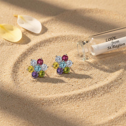 Multi-Colored Crystal and Silvertone Flower Stud Earrings, cubic zirconia stud earrings for women, lifestyle look