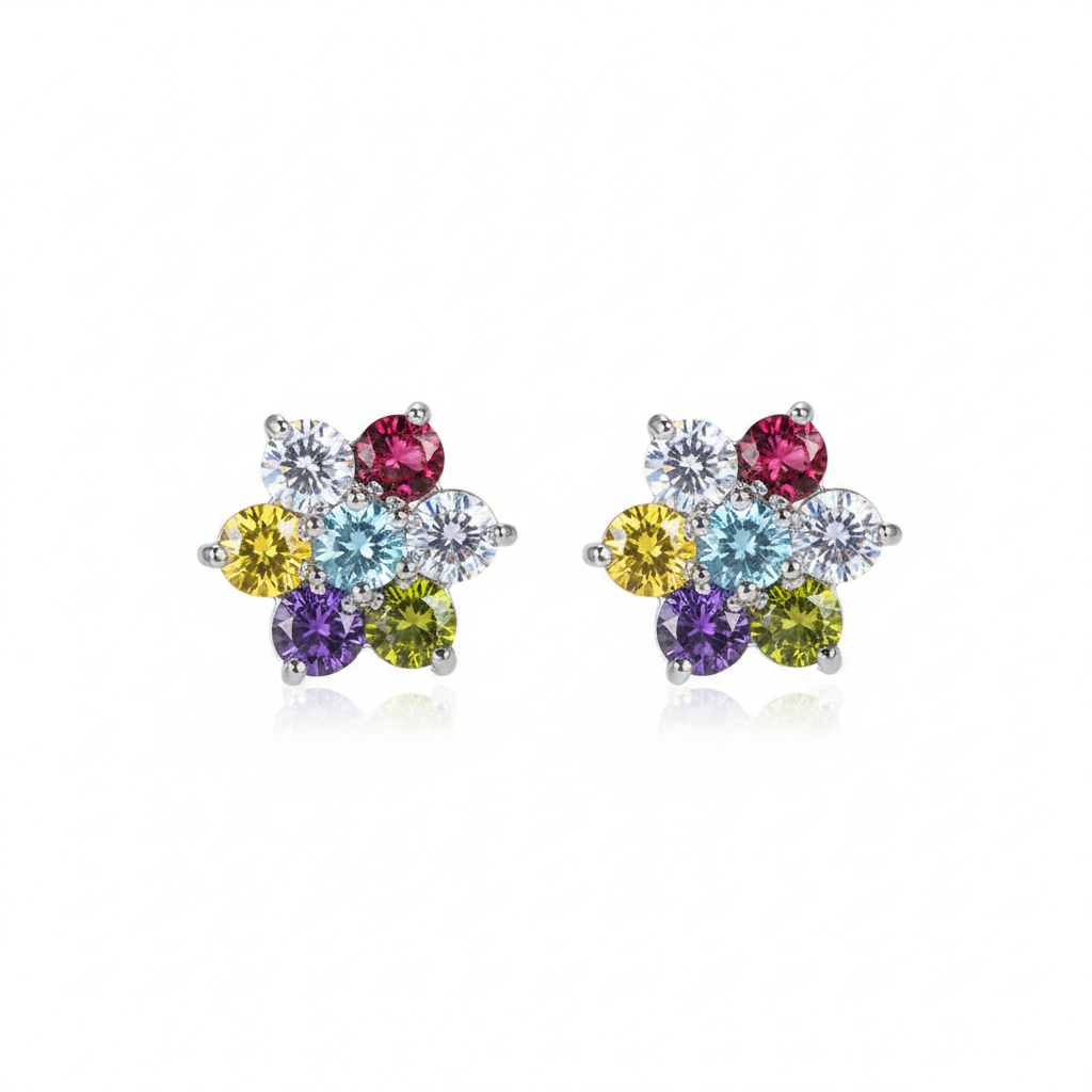 Multi-Colored Crystal & Silvertone Flower Stud Earrings - Street Region
