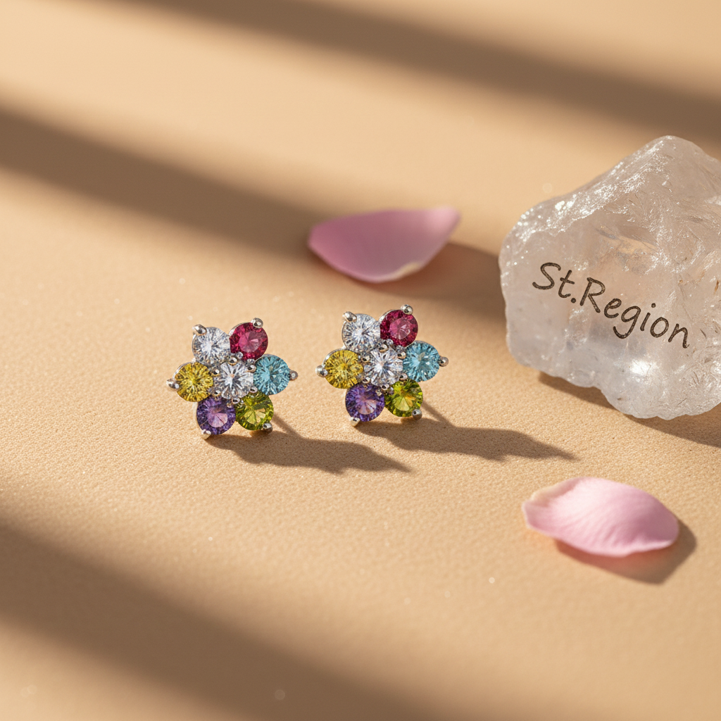 Multi-Colored Crystal & Silvertone Flower Stud Earrings - Street Region
