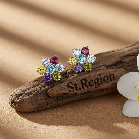Multi-Colored Crystal & Silvertone Flower Stud Earrings - Street Region