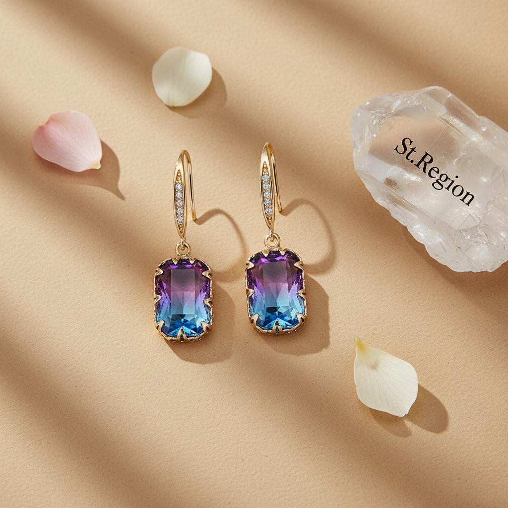 Purple Crystal and Cubic Zironcia Goldtone Rectangle Hook Earrings, gold drop earrings for women, detail close-up