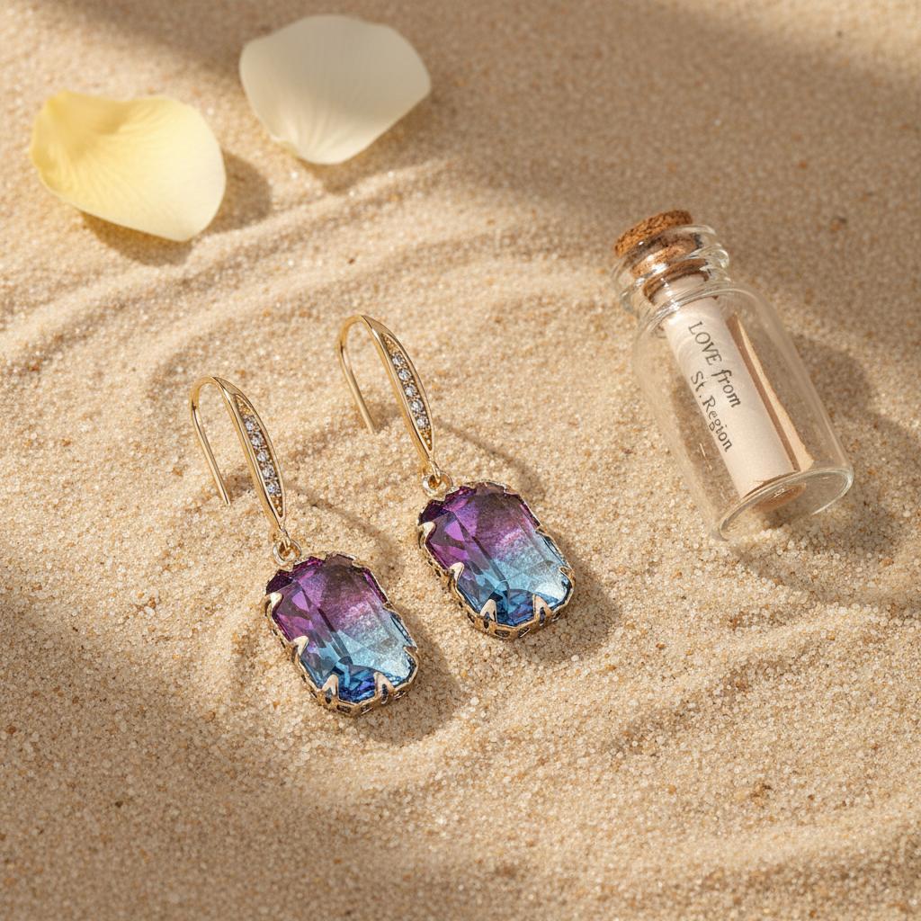 Purple Crystal and Cubic Zironcia Goldtone Rectangle Hook Earrings, gold drop earrings for women, lifestyle look