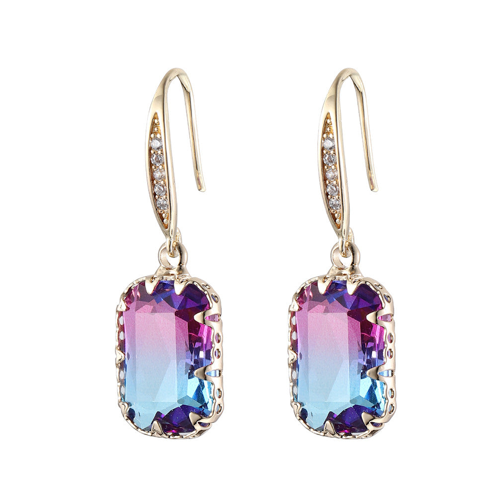Purple Crystal & Cubic Zironcia Goldtone Rectangle Hook Earrings - Street Region