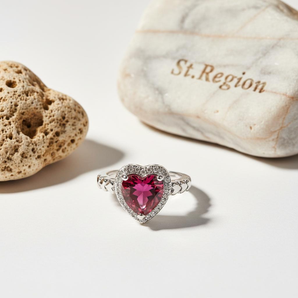 Rose Crystal and Silver-Plated Heart Ring, silver statement rings for women, everyday style, detail close-up