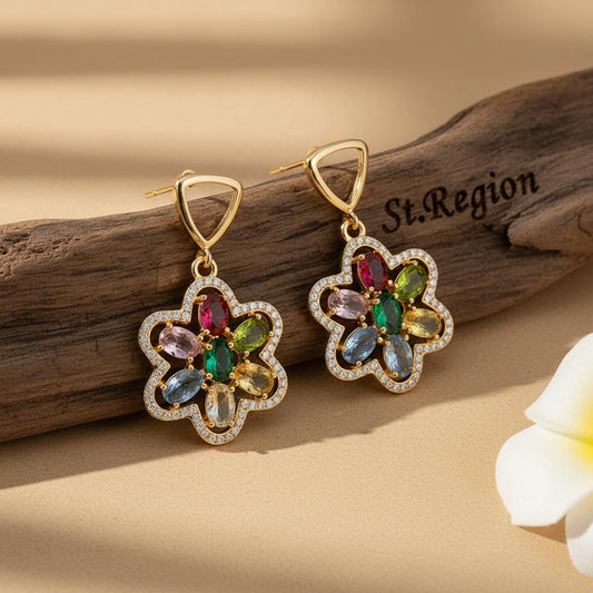 Multi-Colored Crystal & Cubic Zirconia Goldtone Flower Dangle Earrings