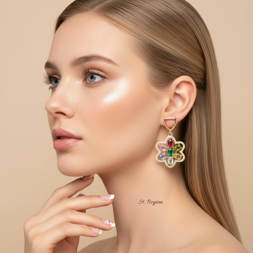 Multi-Colored Crystal and Cubic Zirconia Goldtone Flower Dangle Earrings, gold drop earrings for women, styled look