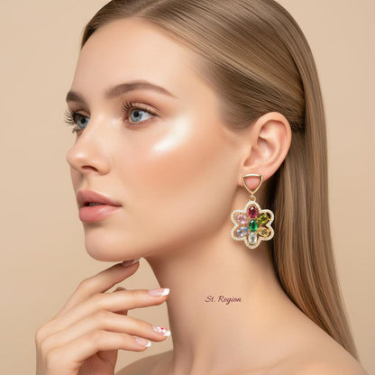 Multi-Colored Crystal and Cubic Zirconia Goldtone Flower Dangle Earrings, gold drop earrings for women, styled look