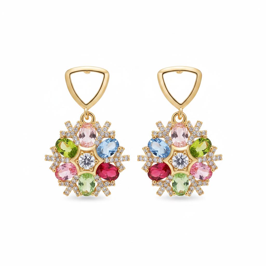 Multi-Colored Crystal and Cubic Zirconia Goldtone Snowflake Dangle Earrings, gold drop earrings for women, side view