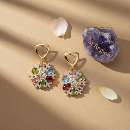Multi-Colored Crystal and Cubic Zirconia Goldtone Snowflake Dangle Earrings, gold drop earrings for women, detail close-up