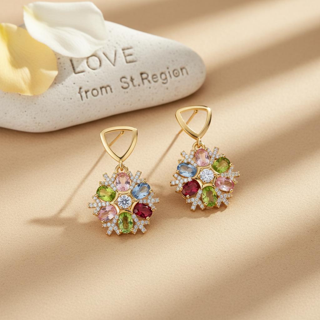 Multi-Colored Crystal and Cubic Zirconia Goldtone Snowflake Dangle Earrings, gold drop earrings for women, lifestyle look