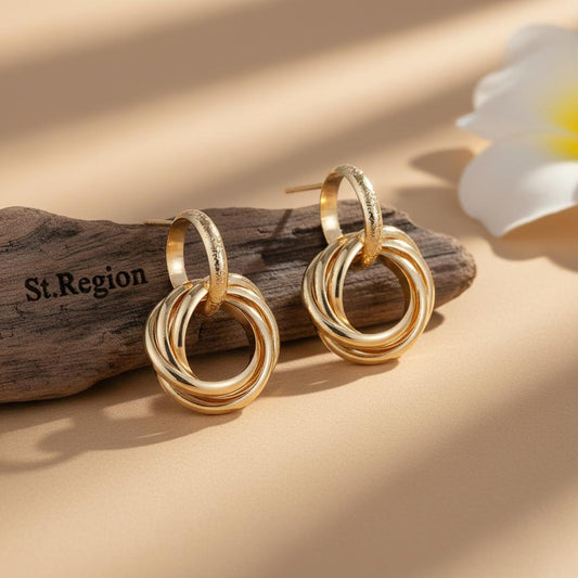 Goldtone Stacked Hoops Dangle Earrings, gold drop earrings for women, vintage-inspired design, front view