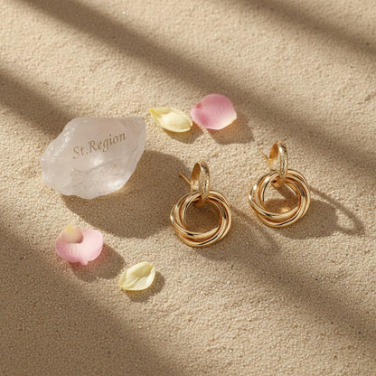 Goldtone Stacked Hoops Dangle Earrings, gold drop earrings for women, vintage-inspired design, detail close-up