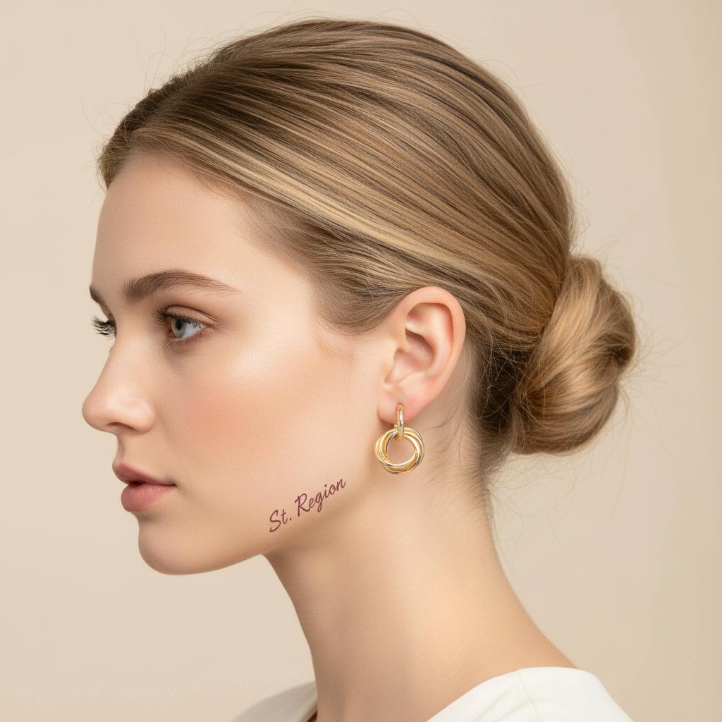 Goldtone Stacked Hoops Dangle Earrings, gold drop earrings for women, vintage-inspired design, styled look