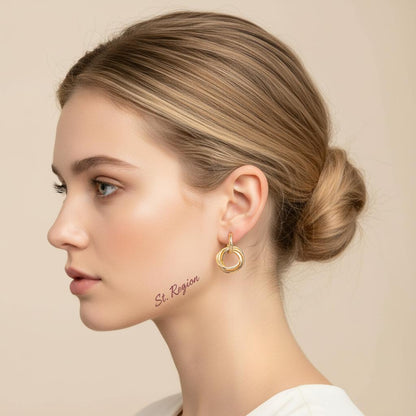 Goldtone Stacked Hoops Dangle Earrings, gold drop earrings for women, vintage-inspired design, styled look