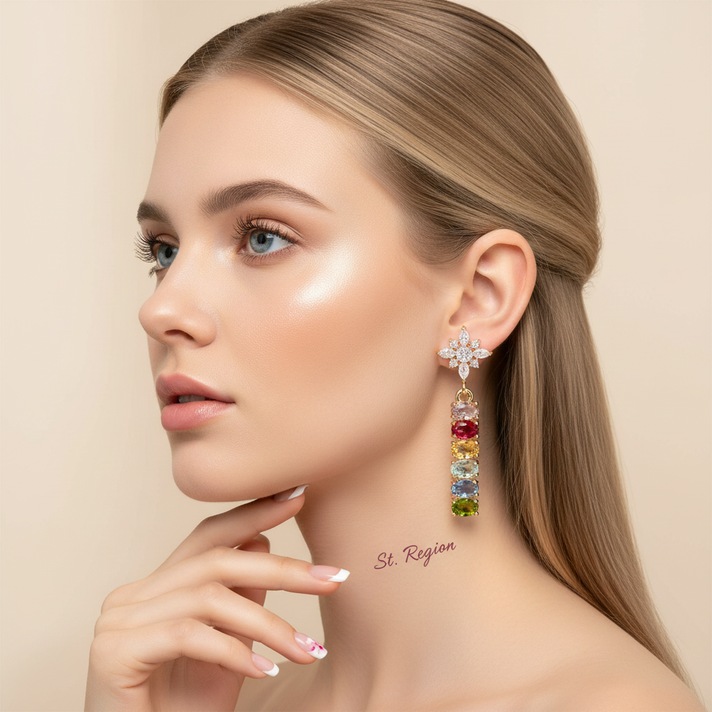 Multi-Colored Oval Crystal & Cubic Zirconia Goldtone Star Drop Earrings - Street Region